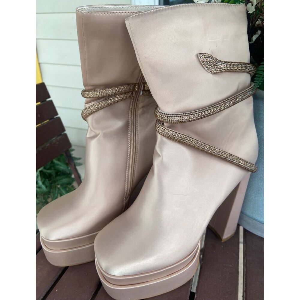 Vivianly Women Platform Boots Chunky High Heel Ankle Bootis Square Toe Nude SZ 9 - Picture 2 of 6